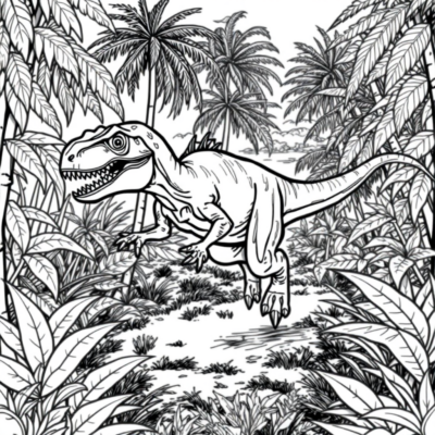 Kolorowanka: Dinozaur – Velociraptor biegnie przez dżunglę