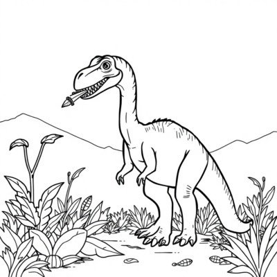 Kolorowanka: Dinozaury – Dinozaur z długą szyją je rośliny