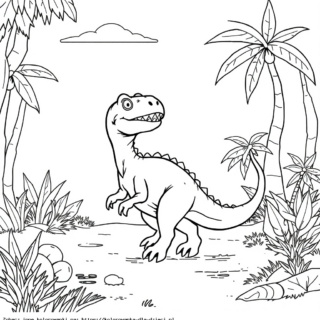Kolorowanka Mały Dinozaur wśród palm