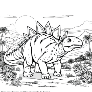 Kolorowanka: Dinozaury – Stegozaur wędruje po dolinie
