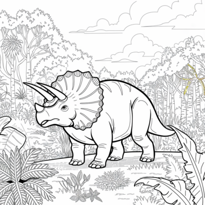 Kolorowanka: Dinozaury – Triceratops w prehistorycznym lesie