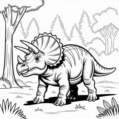 Kolorowanka: Dinozaury – Triceratops w prehistorycznym lesie