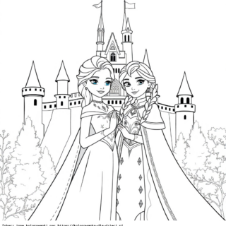 Kolorowanka Elsa I Anna przed zamkiem