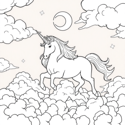 Kolorowanka: Jednorożce – Jednorożce tańczące wśród chmur