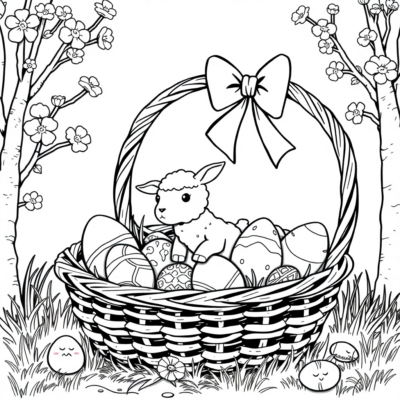 Kolorowanka: Koszyczek z jajkami i barankiem cukrowym