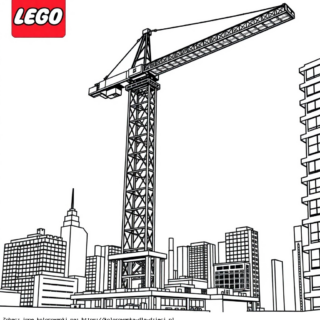 Kolorowanka: LEGO dźwig budowlany przy wieżowcu