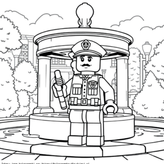 Kolorowanka: LEGO strażnik miejski przy fontannie