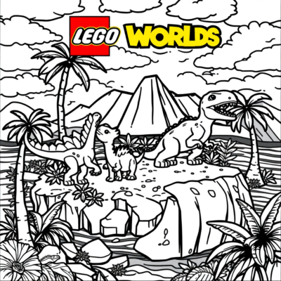 Kolorowanka: Lego Worlds – Dinozaury na kolorowej wyspie
