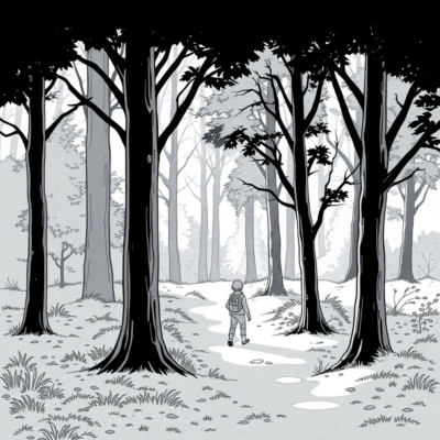 Kolorowanka: Odpoczynek – Spacer po lesie w ciszy