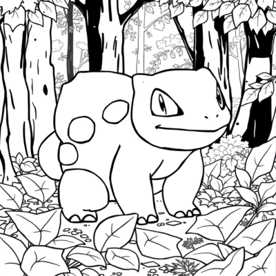 Kolorowanka: POKEMONY – Bulbasaur w lesie z liśćmi
