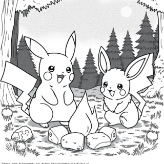 Kolorowanka: POKEMONY – Pikachu i Eevee przy ognisku