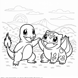 Kolorowanka: Pokemony – Charmander i Bulbasaur bawią się razem