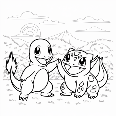 Kolorowanka: Pokemony – Charmander i Bulbasaur bawią się razem