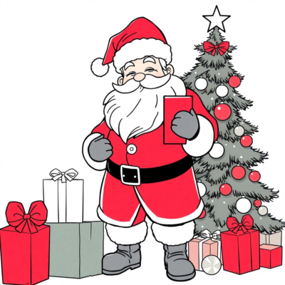 Kolorowanka: Świąteczne – Mikołaj z prezentami pod choinką