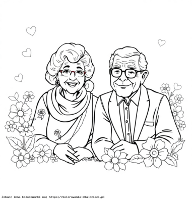Kolorowanka Babcia I Dziadek portret z kwiatami