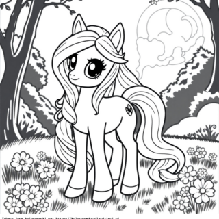 Kolorowanka Kucyk Pony na kwiecistej łące