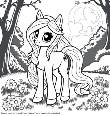 Kolorowanka Kucyk Pony na kwiecistej łące