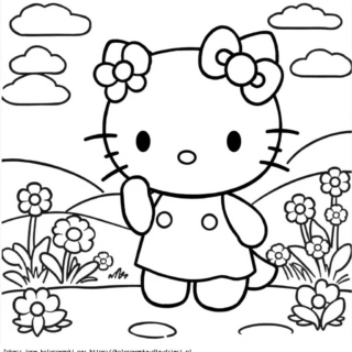 Kolorowanka Hello Kitty machająca na łące