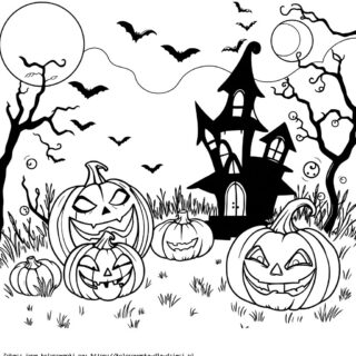 Kolorowanka Dynie Halloweenowe przed nawiedzonym domem