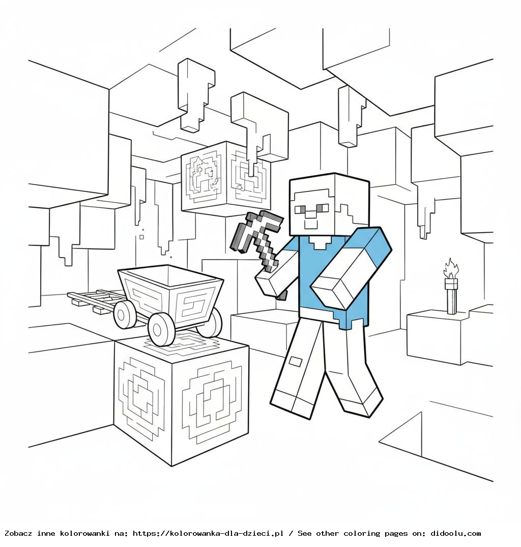 Kolorowanka: Minecraft – Steve kopie w głębokich jaskiniach