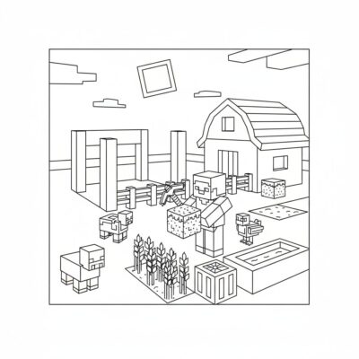 Kolorowanka: Minecraft – Budowanie farmy z klocków