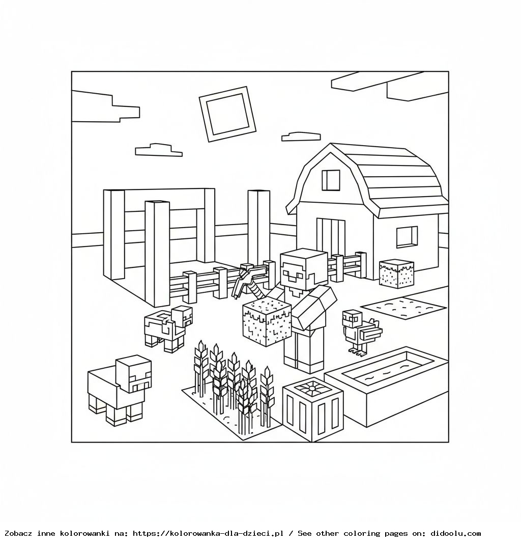 Kolorowanka: Minecraft – Budowanie farmy z klocków