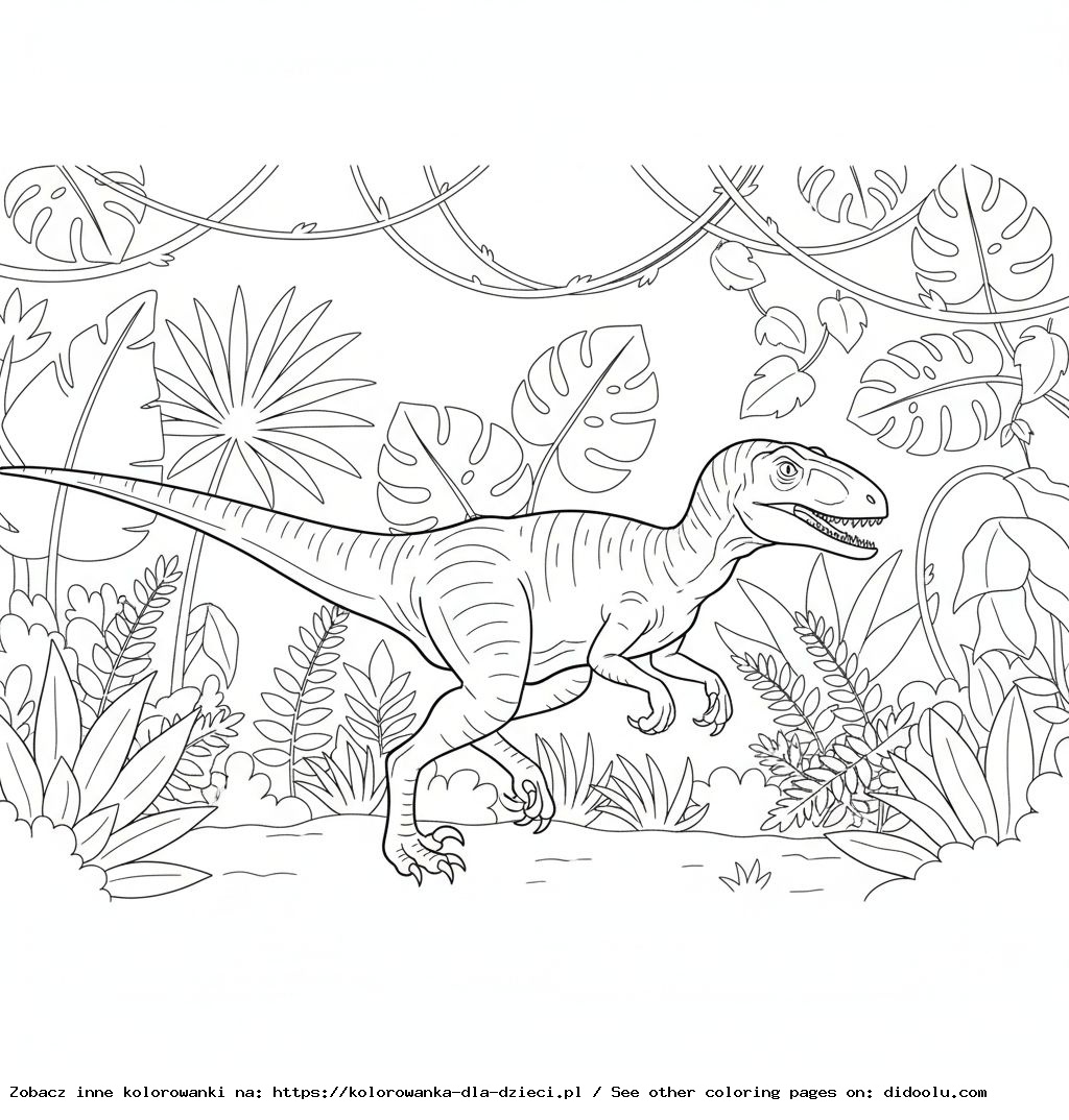 Kolorowanka: Dinozaur – Velociraptor biegnie przez dżunglę