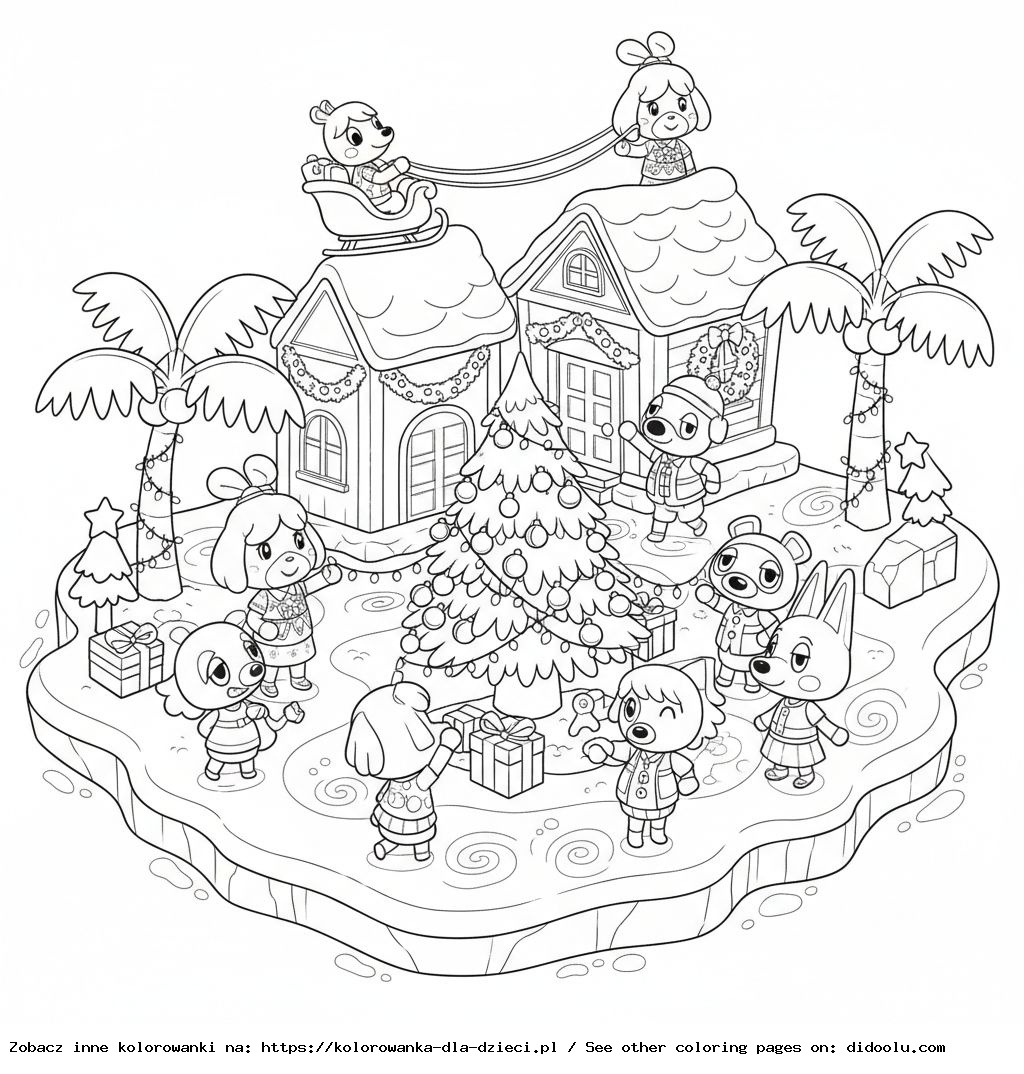 Kolorowanka: Animal Crossing – Dekorowanie wyspy na święta