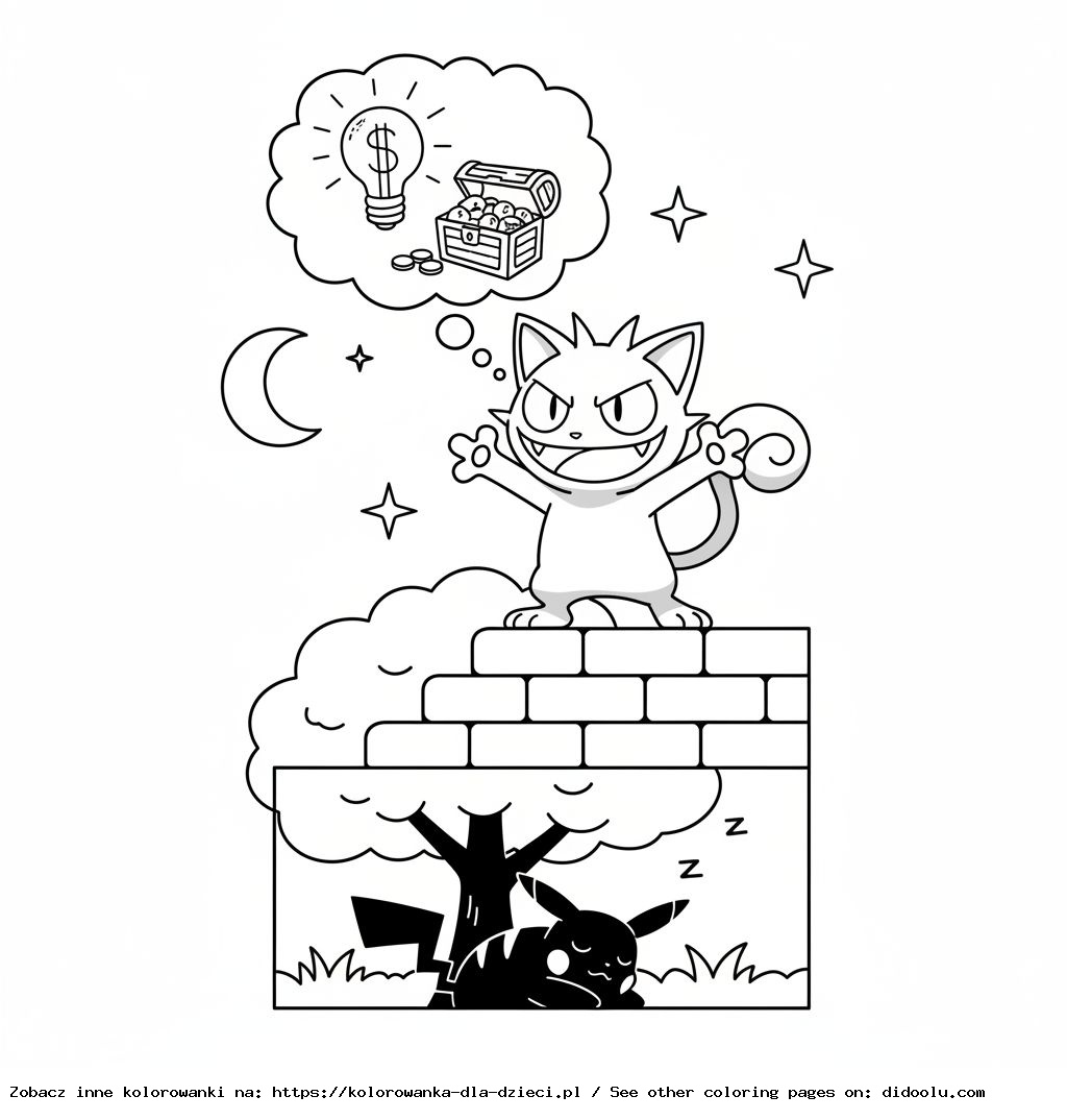 Kolorowanka: POKEMONY – Meowth planuje psoty