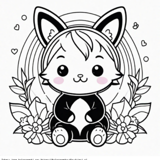 Kolorowanka Kotek Kawaii z tęczą