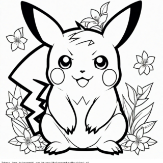 Kolorowanka Pikachu wśród kwiatów