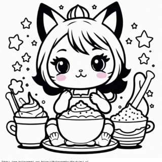 Kolorowanka Kotek Kawaii ze słodyczami