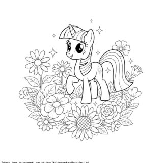 Kolorowanka Twilight Sparkle wśród kwiatów