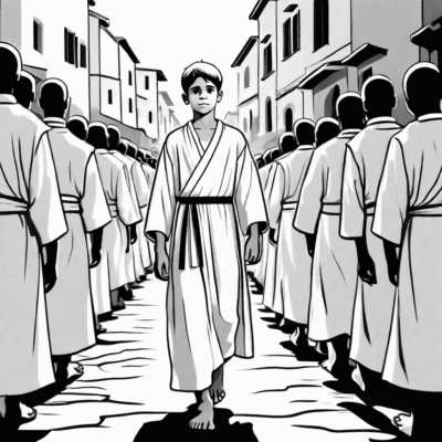 Chłopiec w białej komży idący w procesji