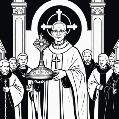 Ksiądz niosący monstrancję w procesji – kolorowanka edukacyjna