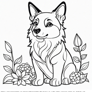 Kolorowanka Pies Corgi wśród kwiatów