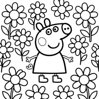 Kolorowanka Świnka Peppa wśród kwiatów