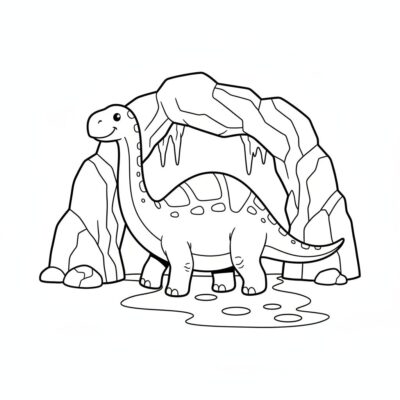 Dinozaur spaceruje po grocie – kolorowanka przygoda