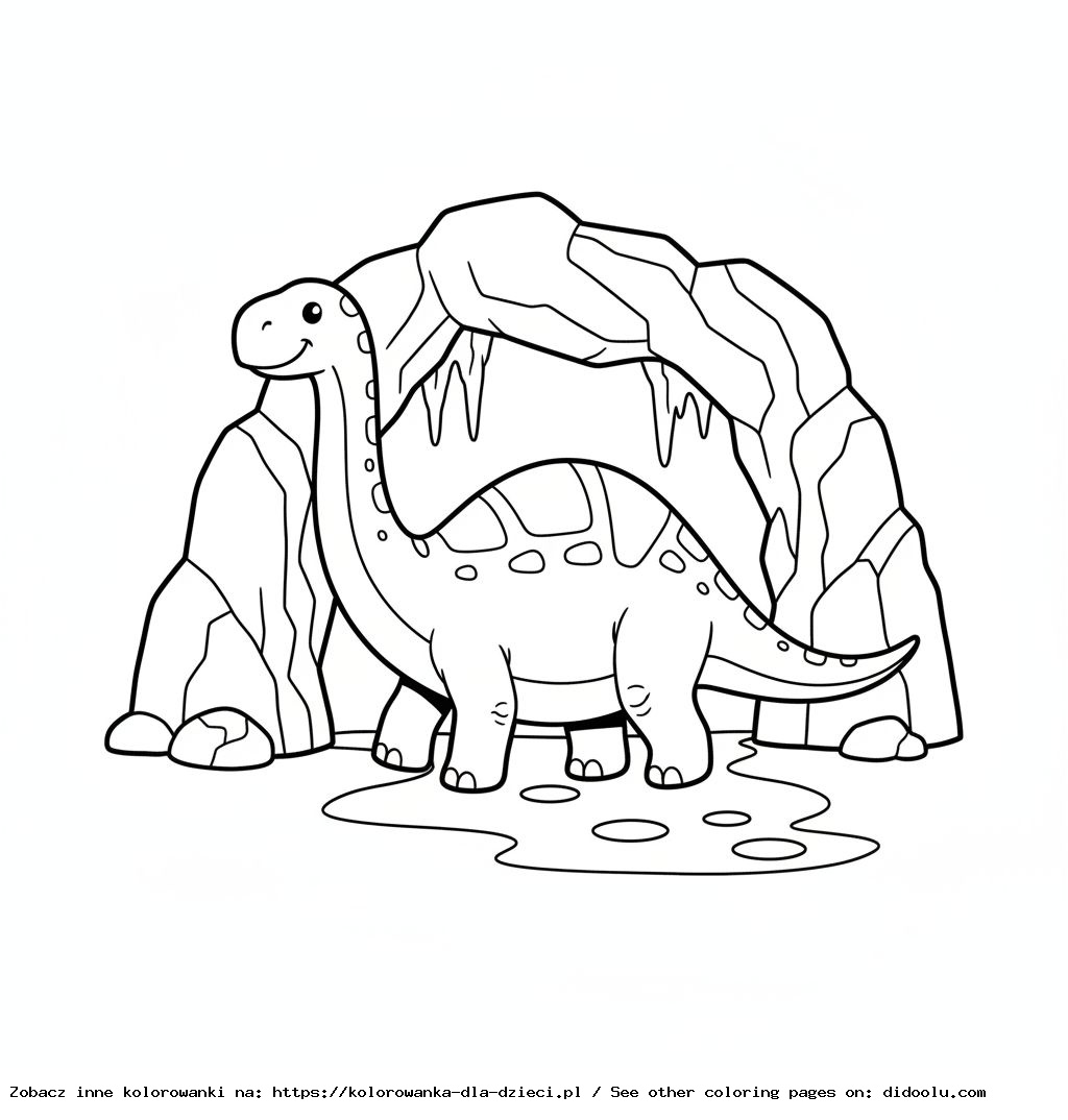 Dinozaur spaceruje po grocie – kolorowanka przygoda